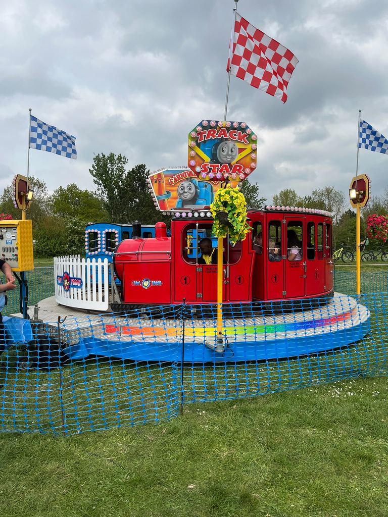 Close-up of the Runaway Train ride branding